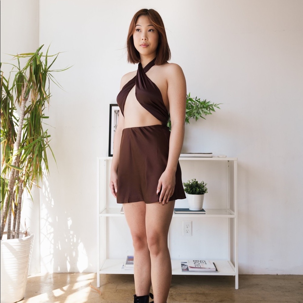 Brown Satin Cross Over Halter Dress